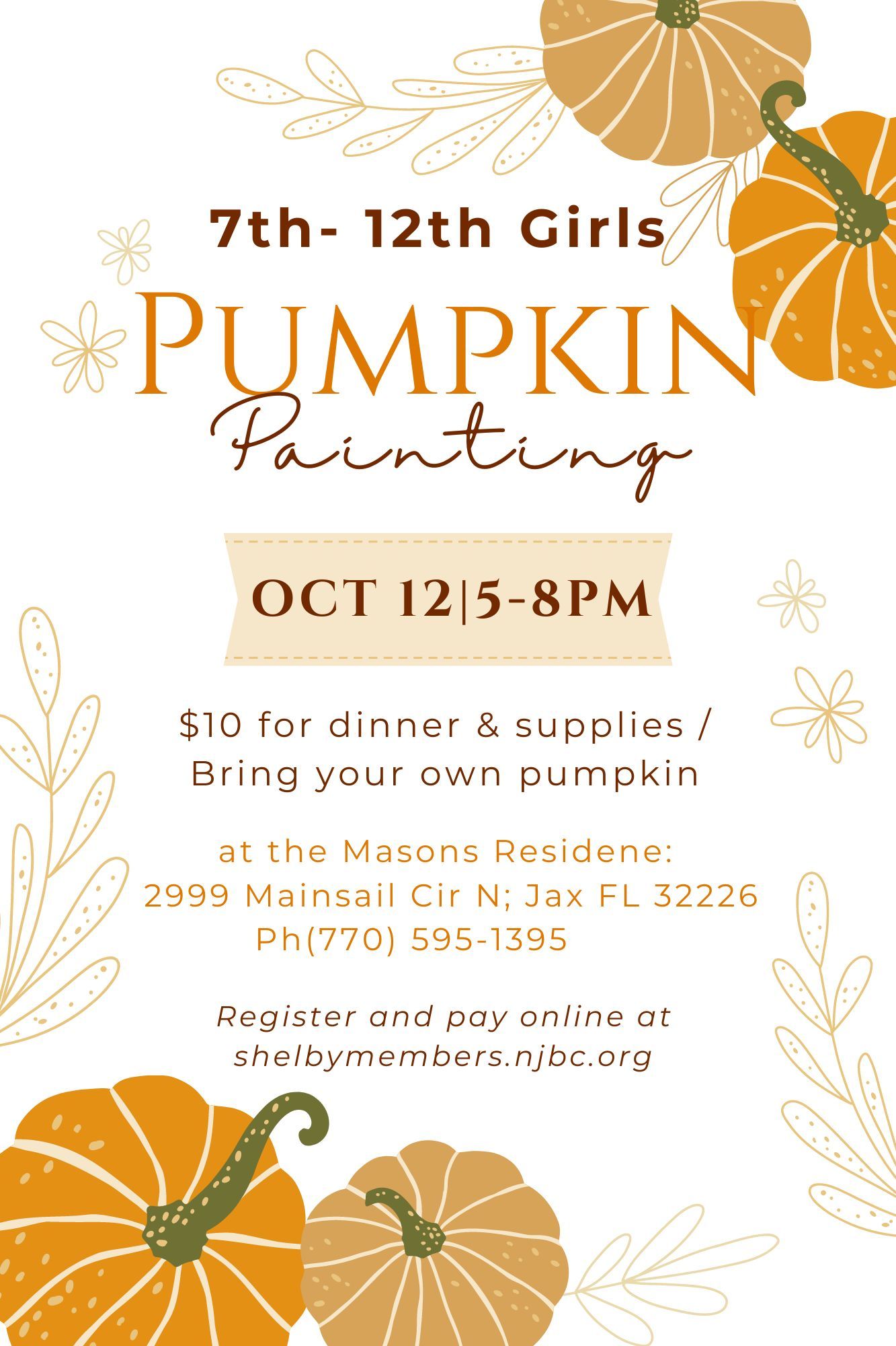 7th-12th Girls Pumpkin Painting Party Oct 12